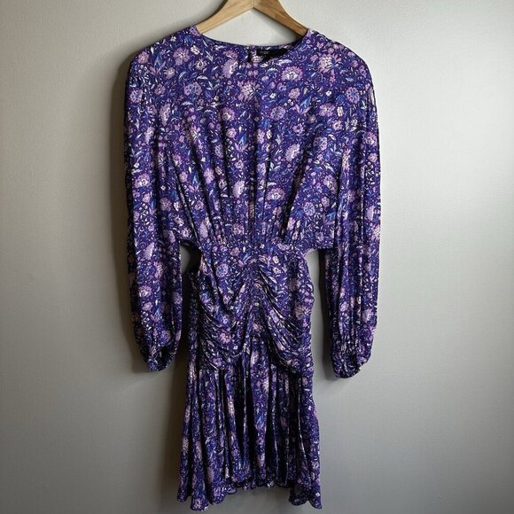 Maje Floral Mini Dress Size 38 UK 10 $445 Purple Georgette Smocked Cut Out Boho - Picture 7 of 16